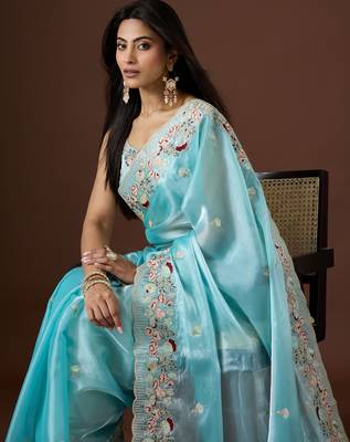 sea green color smart tissue fabric sequins work smart bollywood saree 3
