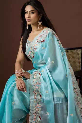sea green color smart tissue fabric sequins work smart bollywood saree