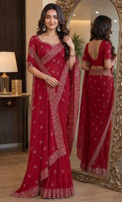 Pink soft georgette embroidery work festive saree with unstitched blouse piece 1