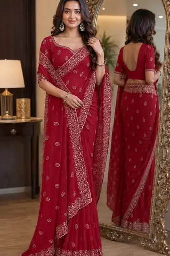 Pink soft georgette embroidery work festive saree with unstitched blouse piece