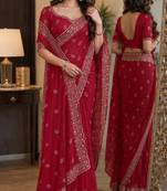 Pink soft georgette embroidery work festive saree with unstitched blouse piece