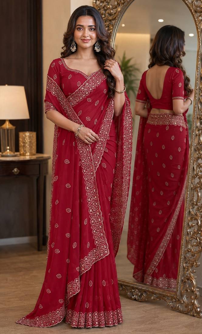 Pink soft georgette embroidery work festive saree with unstitched blouse piece