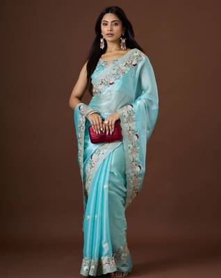 sea green color smart tissue fabric sequins work smart bollywood saree 4