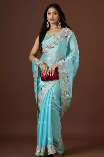 sea green color smart tissue fabric sequins work smart bollywood saree