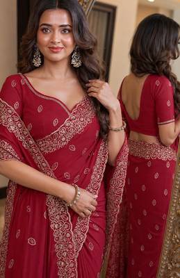 Pink soft georgette embroidery work festive saree with unstitched blouse piece 2