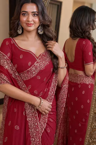 Pink soft georgette embroidery work festive saree with unstitched blouse piece