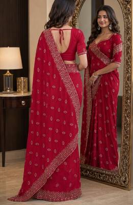Pink soft georgette embroidery work festive saree with unstitched blouse piece 3