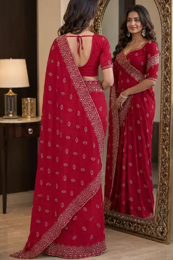 Pink soft georgette embroidery work festive saree with unstitched blouse piece