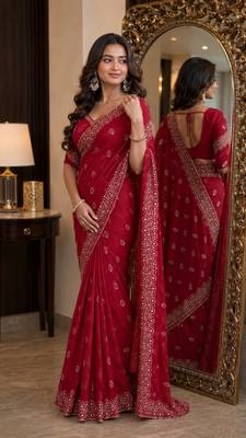 Pink soft georgette embroidery work festive saree with unstitched blouse piece 4