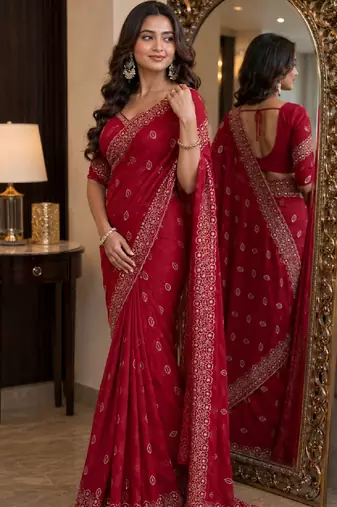 Pink soft georgette embroidery work festive saree with unstitched blouse piece