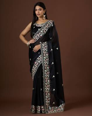 black color smart tissue fabric sequins work smart bollywood saree 1