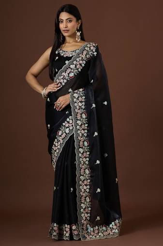 black color smart tissue fabric sequins work smart bollywood saree