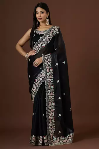 black color smart tissue fabric sequins work smart bollywood saree