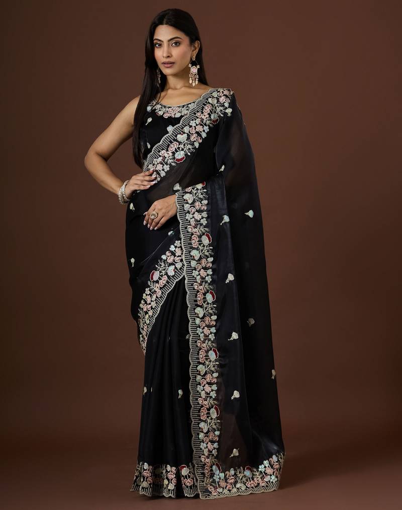 black color smart tissue fabric sequins work smart bollywood saree