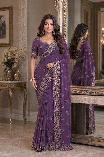 Lavender soft georgette embroidery work festive saree with unstitched blouse piece