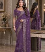 Lavender soft georgette embroidery work festive saree with unstitched blouse piece