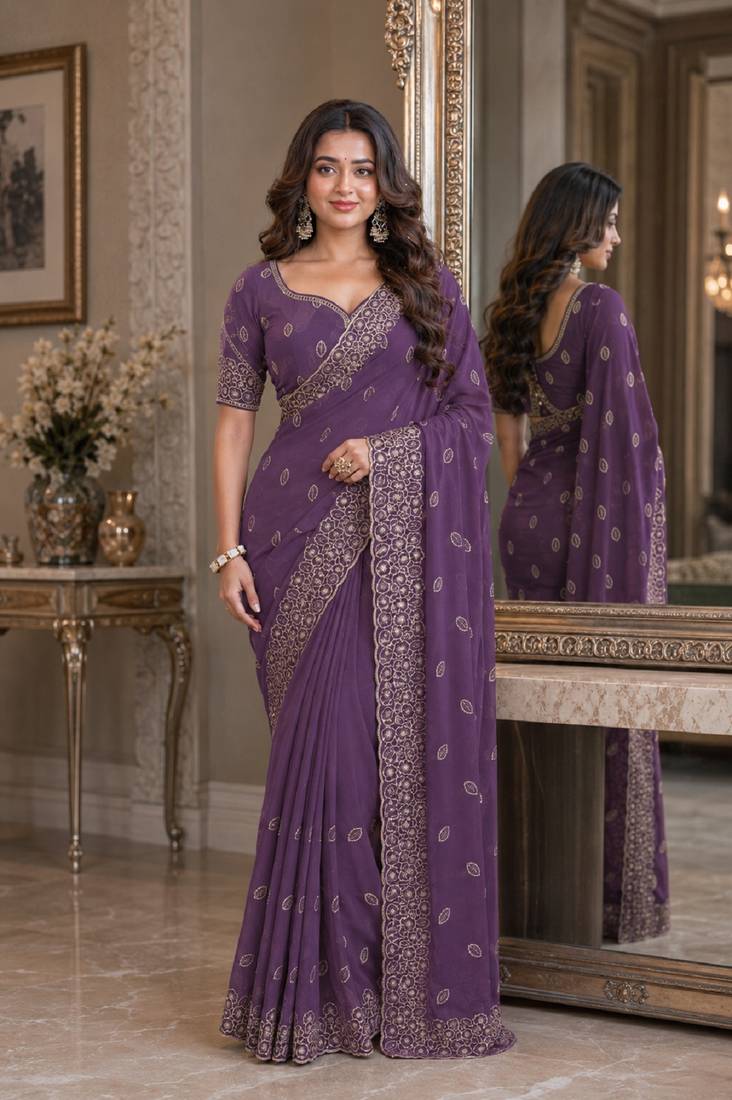 Lavender soft georgette embroidery work festive saree with unstitched blouse piece