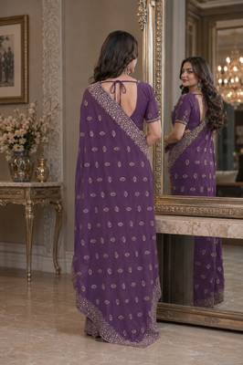 Lavender soft georgette embroidery work festive saree with unstitched blouse piece 3