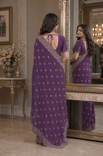 Lavender soft georgette embroidery work festive saree with unstitched blouse piece