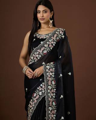 black color smart tissue fabric sequins work smart bollywood saree 3