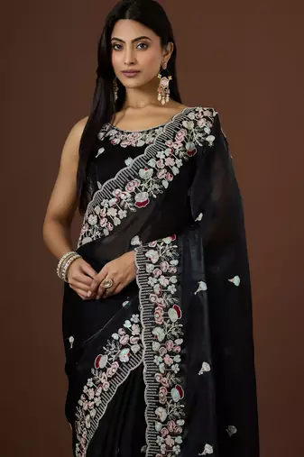 black color smart tissue fabric sequins work smart bollywood saree