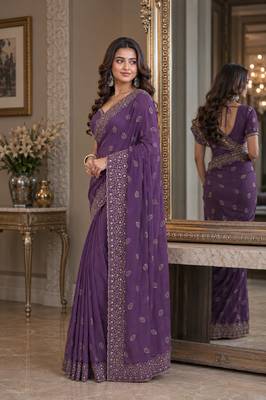 Lavender soft georgette embroidery work festive saree with unstitched blouse piece 4