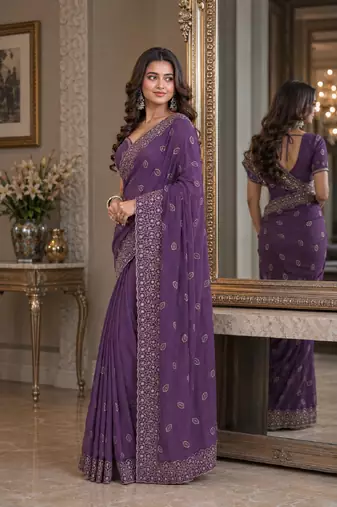 Lavender soft georgette embroidery work festive saree with unstitched blouse piece