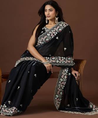 black color smart tissue fabric sequins work smart bollywood saree 4