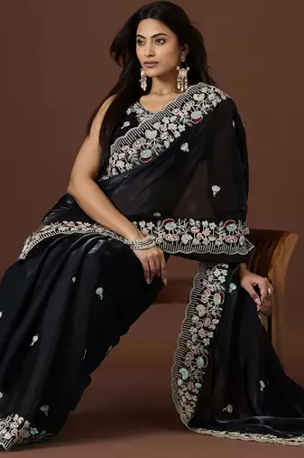 black color smart tissue fabric sequins work smart bollywood saree