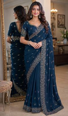 Rama soft georgette embroidery work festive saree with unstitched blouse piece 1