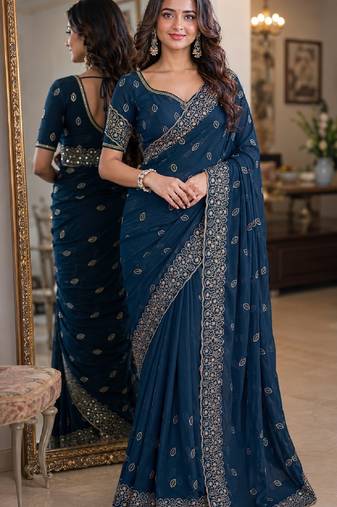 Rama soft georgette embroidery work festive saree with unstitched blouse piece