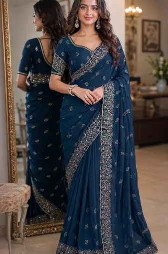 Rama soft georgette embroidery work festive saree with unstitched blouse piece