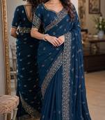 Rama soft georgette embroidery work festive saree with unstitched blouse piece