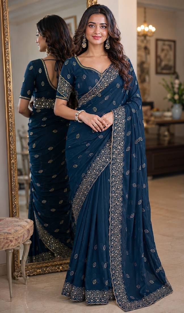Rama soft georgette embroidery work festive saree with unstitched blouse piece