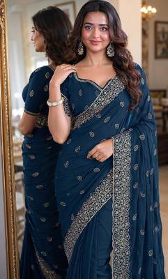 Rama soft georgette embroidery work festive saree with unstitched blouse piece 2