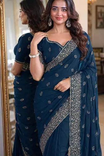Rama soft georgette embroidery work festive saree with unstitched blouse piece