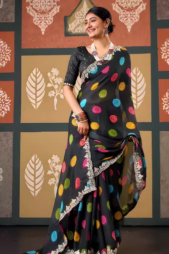 Black color smart chiffon fabric designer embroidered smart and elegant saree