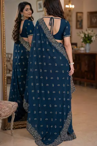 Rama soft georgette embroidery work festive saree with unstitched blouse piece
