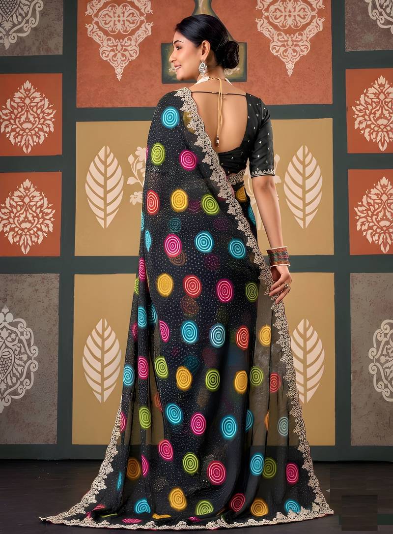 Black color smart chiffon fabric designer embroidered smart and elegant saree