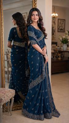 Rama soft georgette embroidery work festive saree with unstitched blouse piece 4