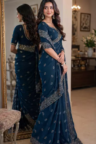 Rama soft georgette embroidery work festive saree with unstitched blouse piece