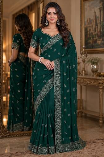 Green soft georgette embroidery work festive saree with unstitched blouse piece