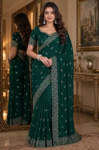 Green soft georgette embroidery work festive saree with unstitched blouse piece