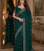 Green soft georgette embroidery work festive saree with unstitched blouse piece