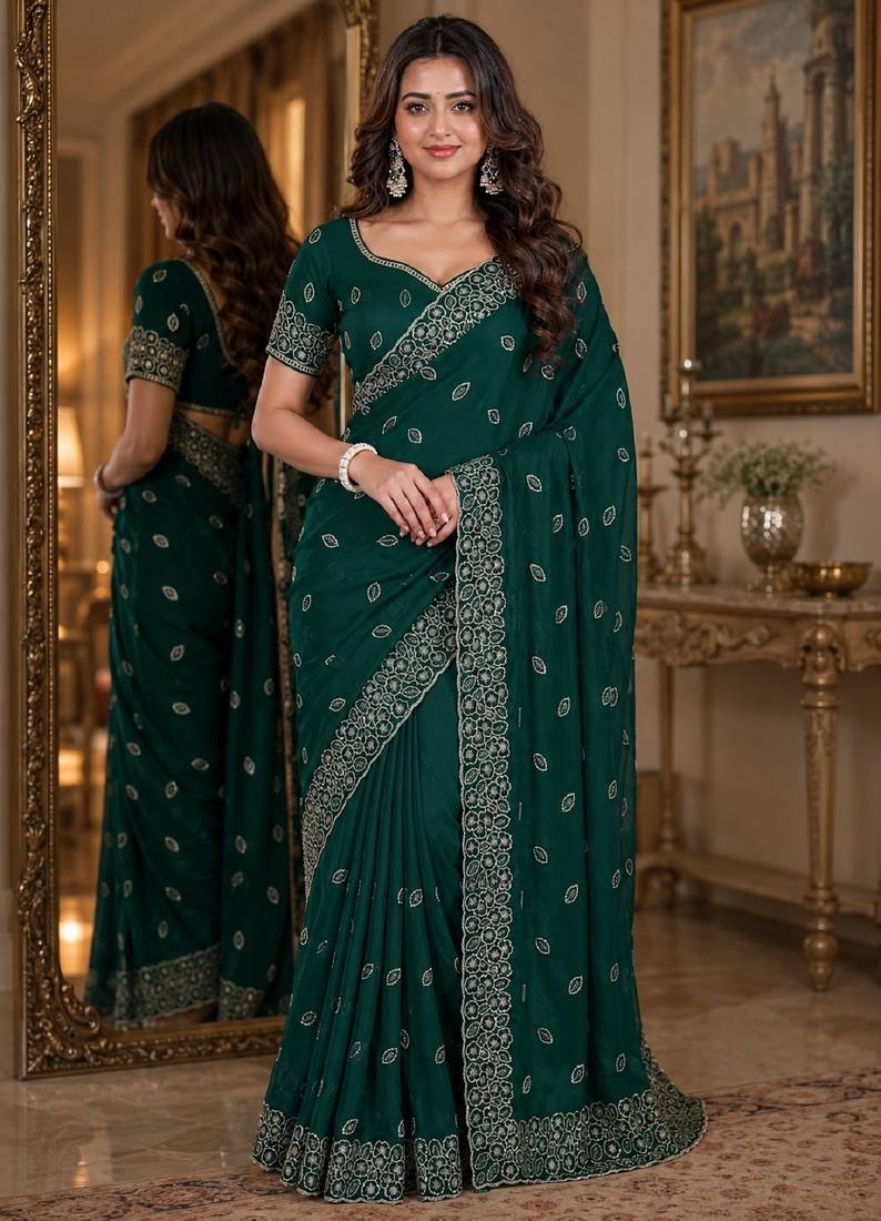 Green soft georgette embroidery work festive saree with unstitched blouse piece