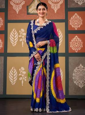 Blue color smart chiffon fabric designer embroidered smart and elegant saree 1