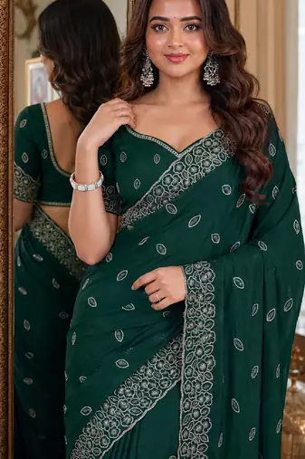 Green soft georgette embroidery work festive saree with unstitched blouse piece
