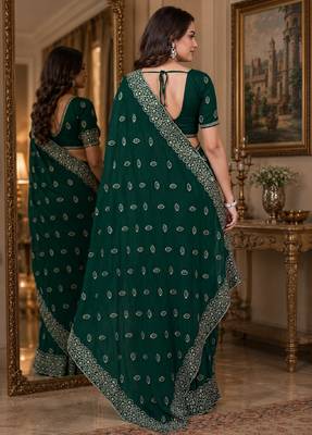 Green soft georgette embroidery work festive saree with unstitched blouse piece 3