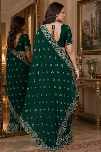 Green soft georgette embroidery work festive saree with unstitched blouse piece