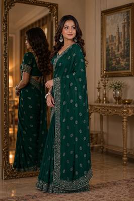 Green soft georgette embroidery work festive saree with unstitched blouse piece 4